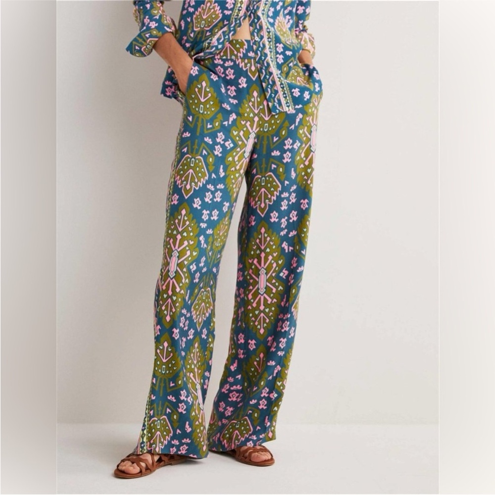 NWT Boden Silky Printed Wide-Leg Pants in Blue & Green US size 8